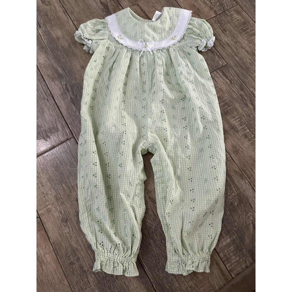 Vintage Rose Cottage Kid's Green gingham one Piece eyelet Romper Size 18M